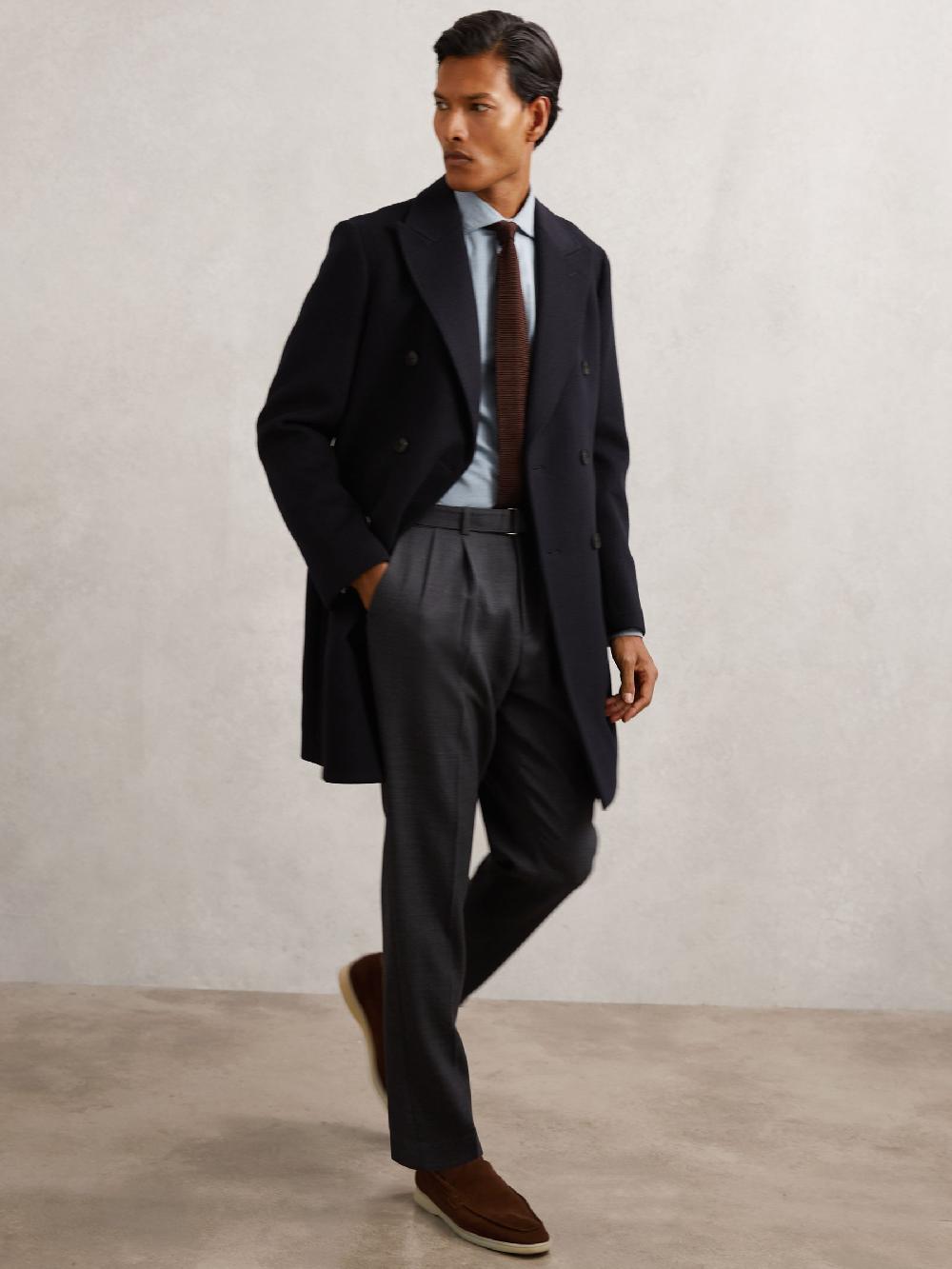 Reiss Wool-Blend Double-Breasted Overcoat In Navy