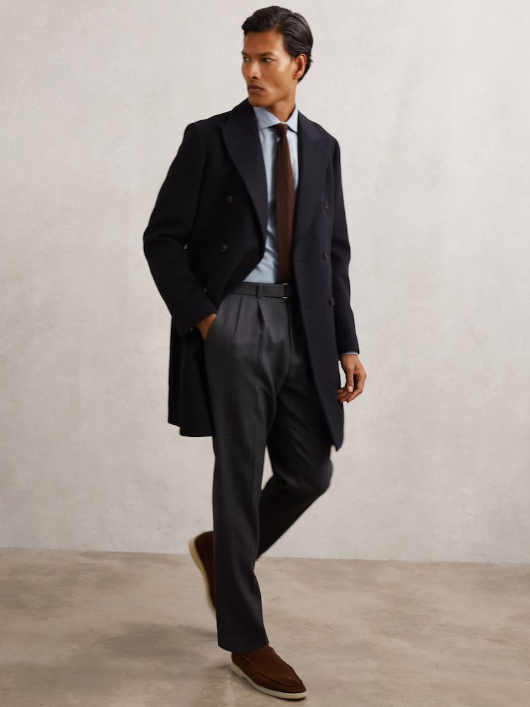 reiss Wool-Blend Double-Breasted Overcoat in Navy