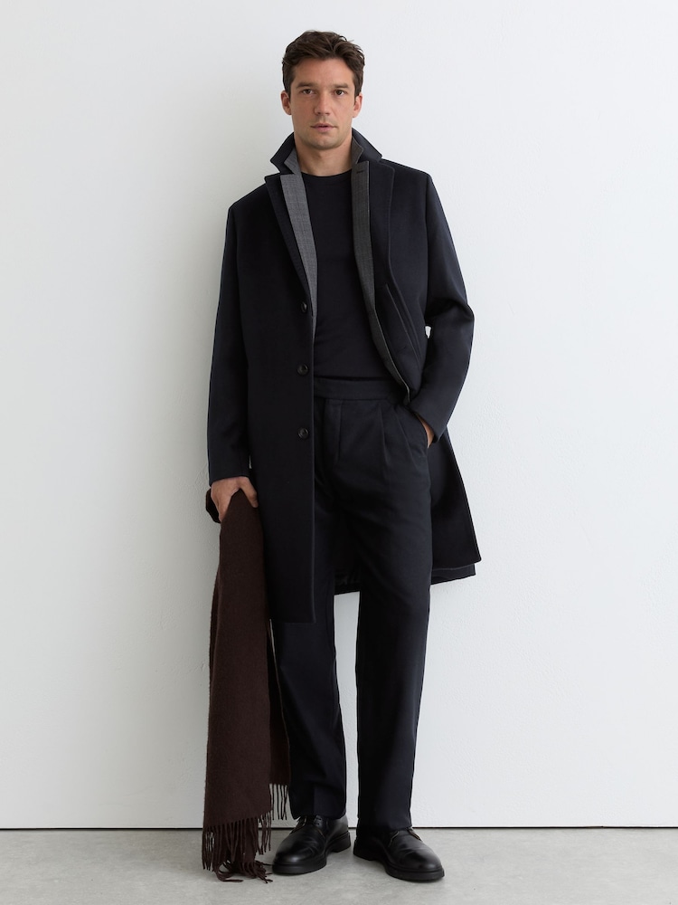 reiss Wool-Blend Flannel Wide-Leg Trousers in Navy