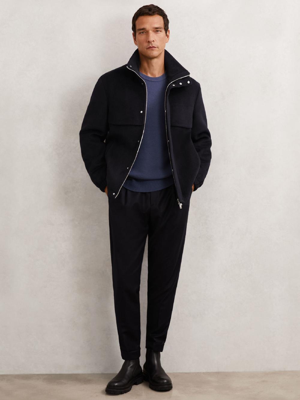 Reiss Wool-Blend Funnel-Neck Zip Jacket In Navy