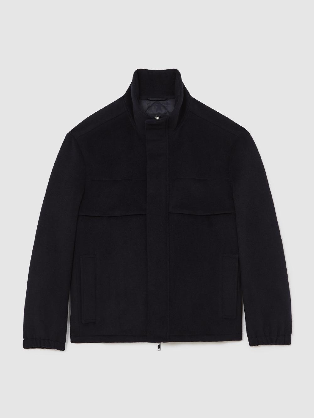 Reiss Wool-Blend Funnel-Neck Zip Jacket In Navy