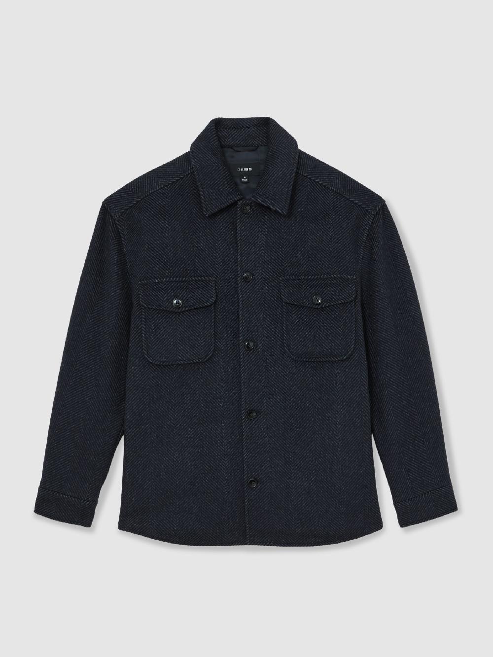 Reiss Wool-Blend Herringbone Overshirt In Navy
