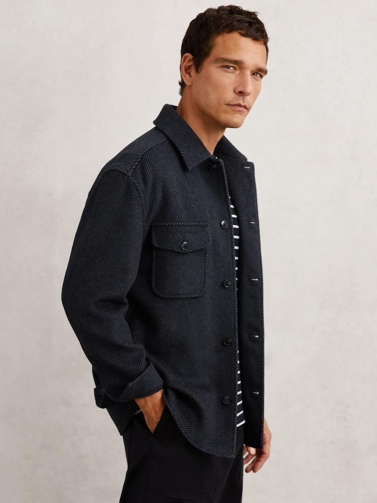 reiss Wool-Blend Herringbone Overshirt in Navy