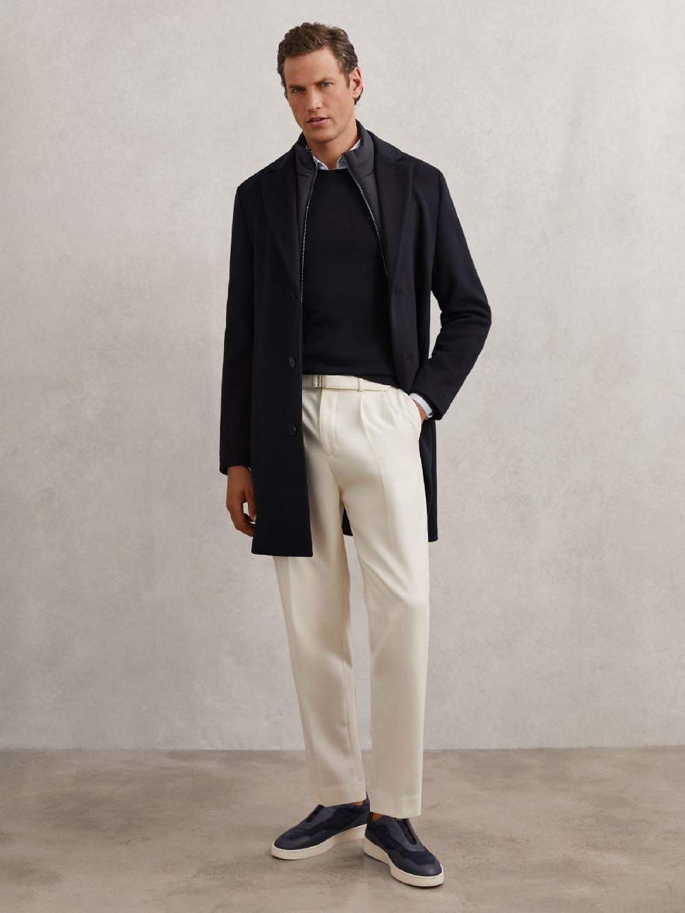 Reiss Wool-Blend Internal-Gilet Overcoat In Navy