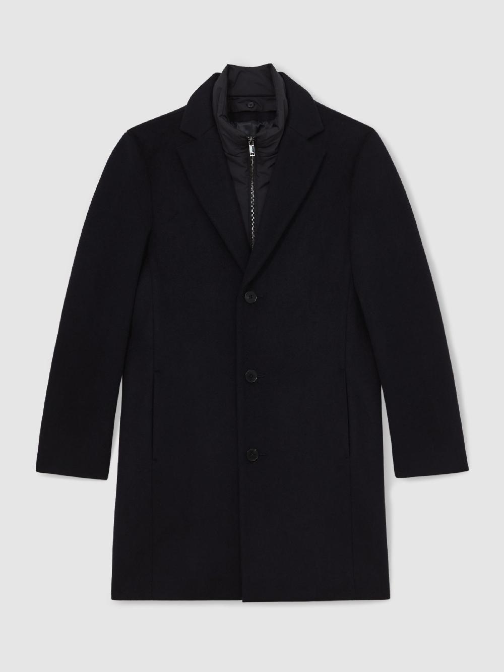 Reiss Wool-Blend Internal-Gilet Overcoat In Navy
