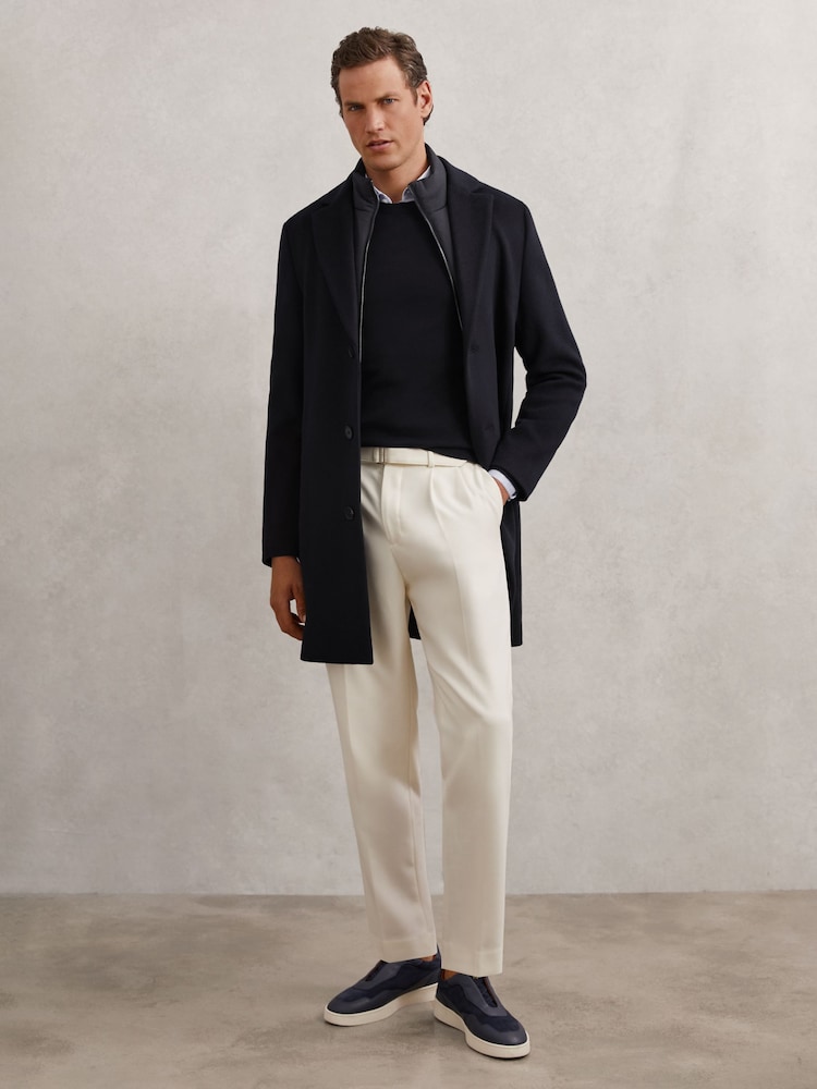 reiss Wool-Blend Internal-Gilet Overcoat in Navy