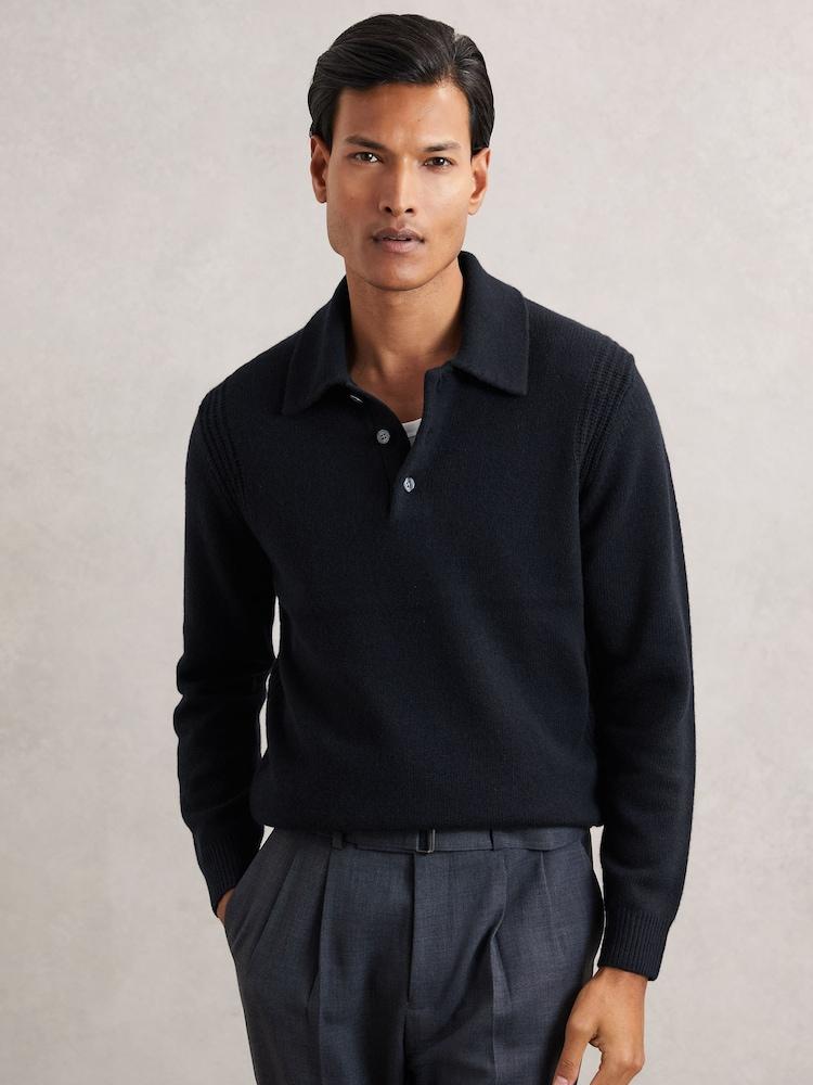 reiss Wool-Blend Polo Jumper with Cashmere in Navy