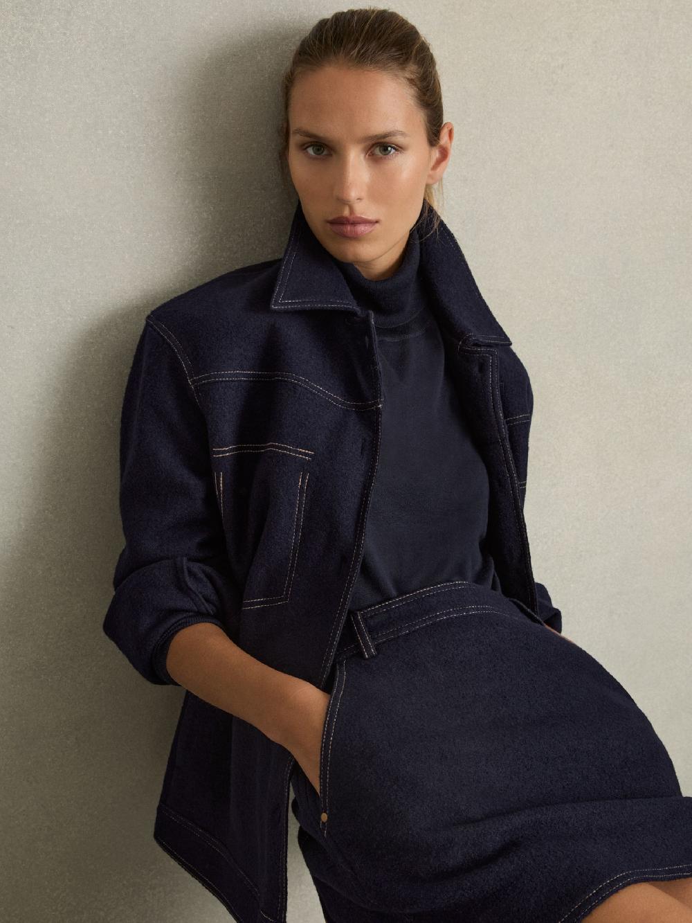 Reiss Wool-Blend Topstitch Woven Shirt In Navy