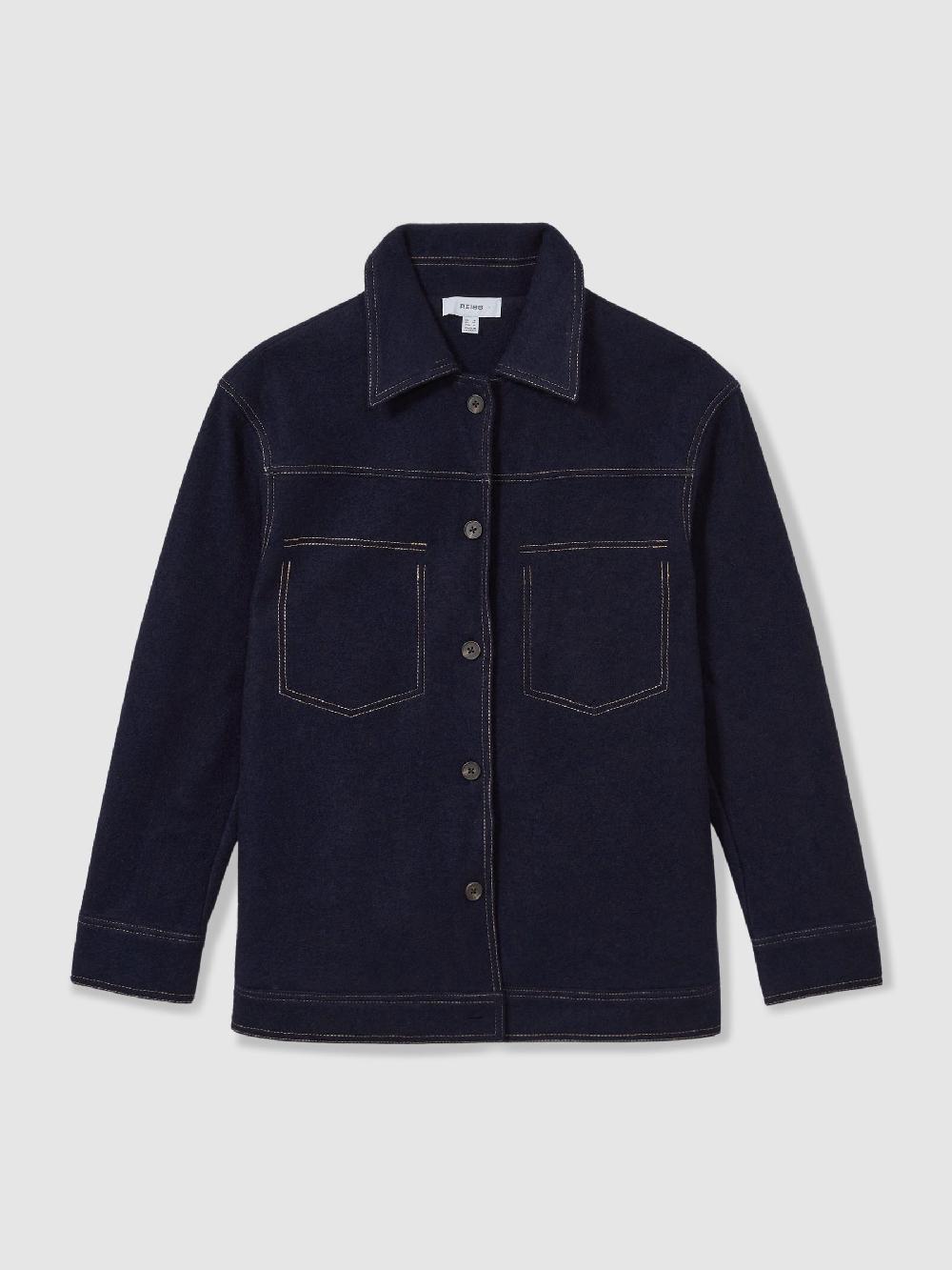 Reiss Wool-Blend Topstitch Woven Shirt In Navy