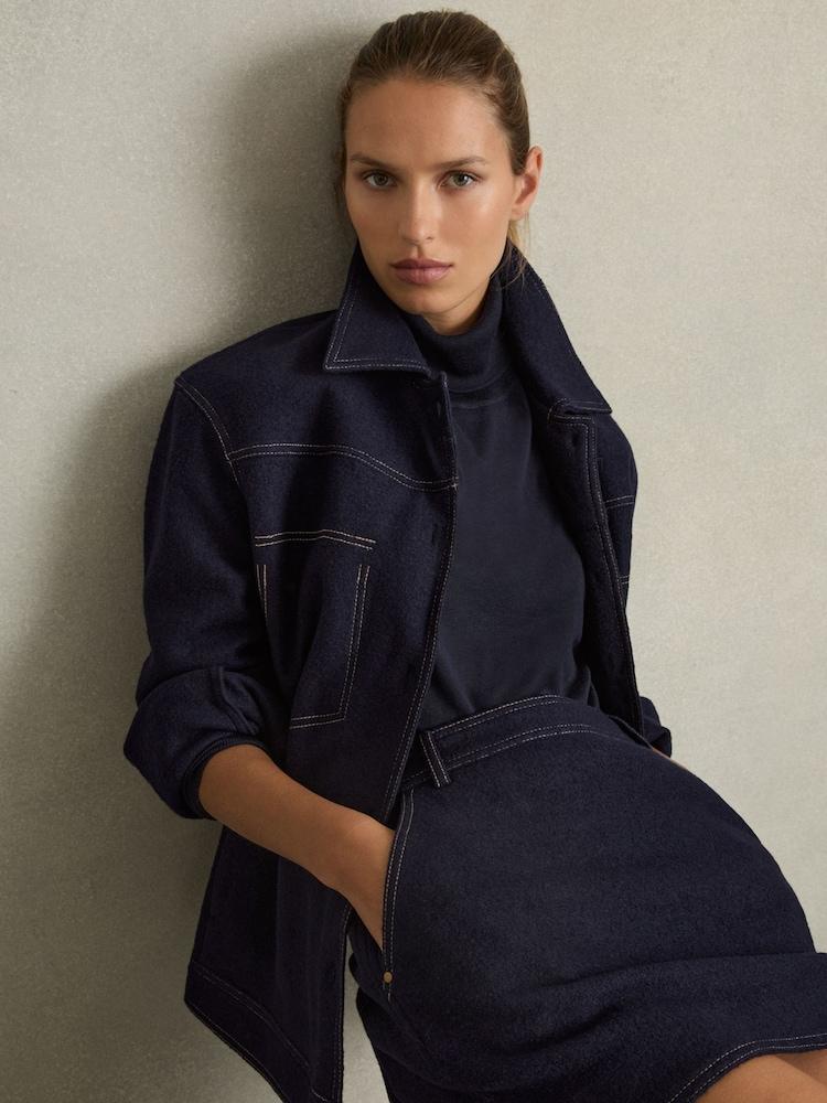 reiss Wool-Blend Topstitch Woven Shirt in Navy