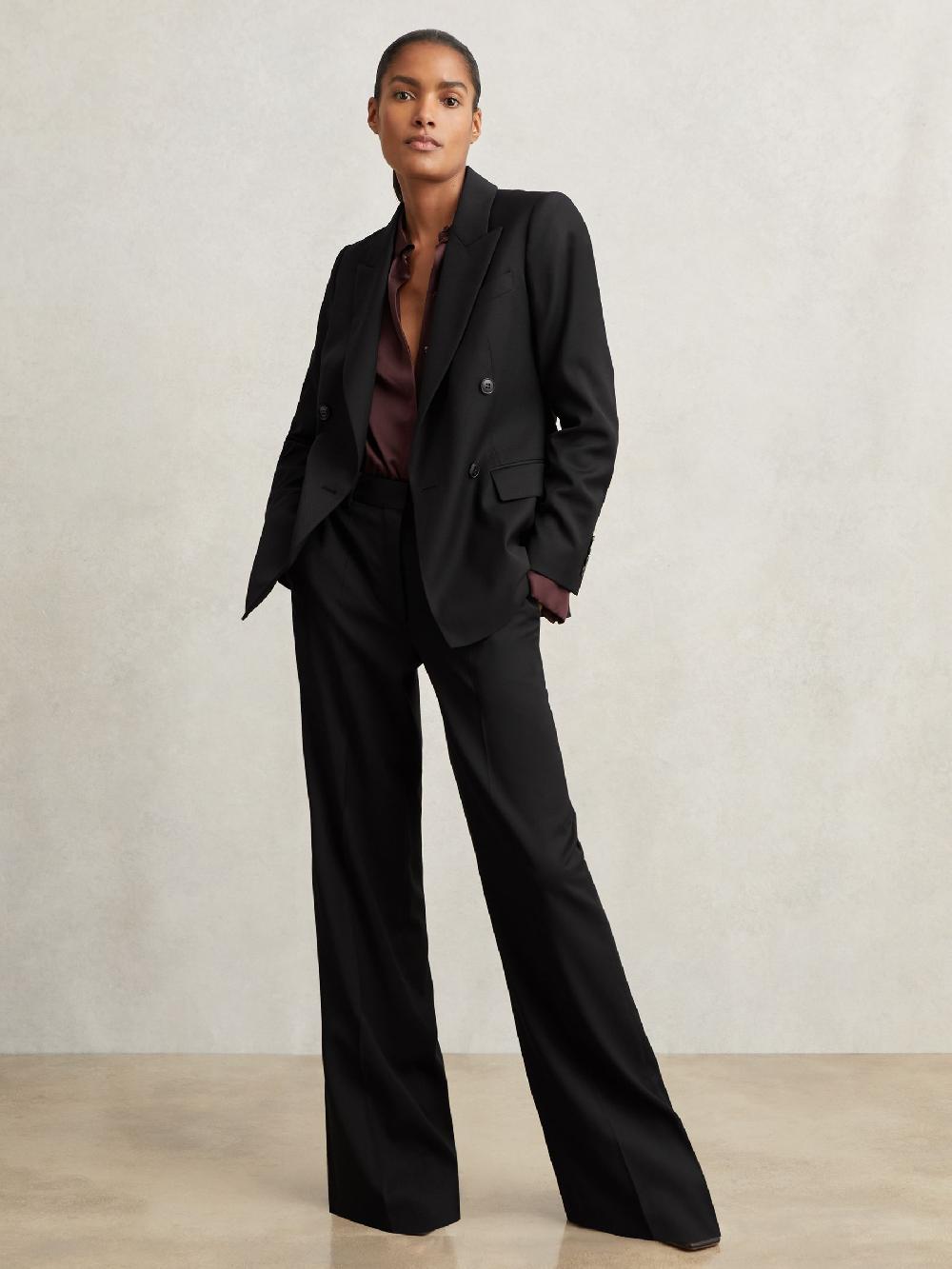 Reiss Wool-Blend Wide-Leg Suit Trousers In Black