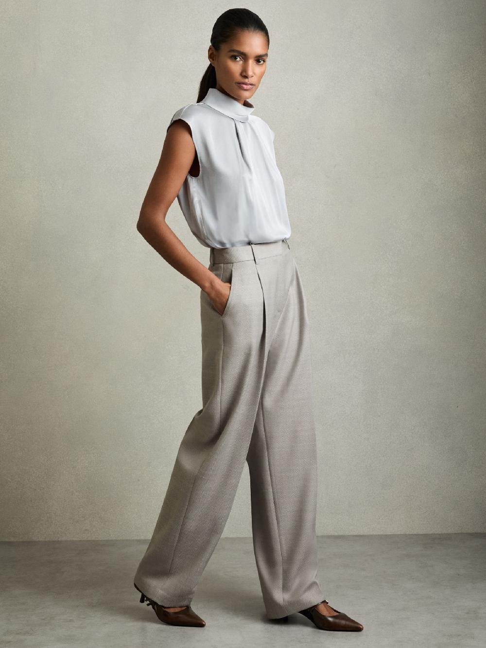 Reiss Wool-Blend Wide-Leg Suit Trousers In Grey