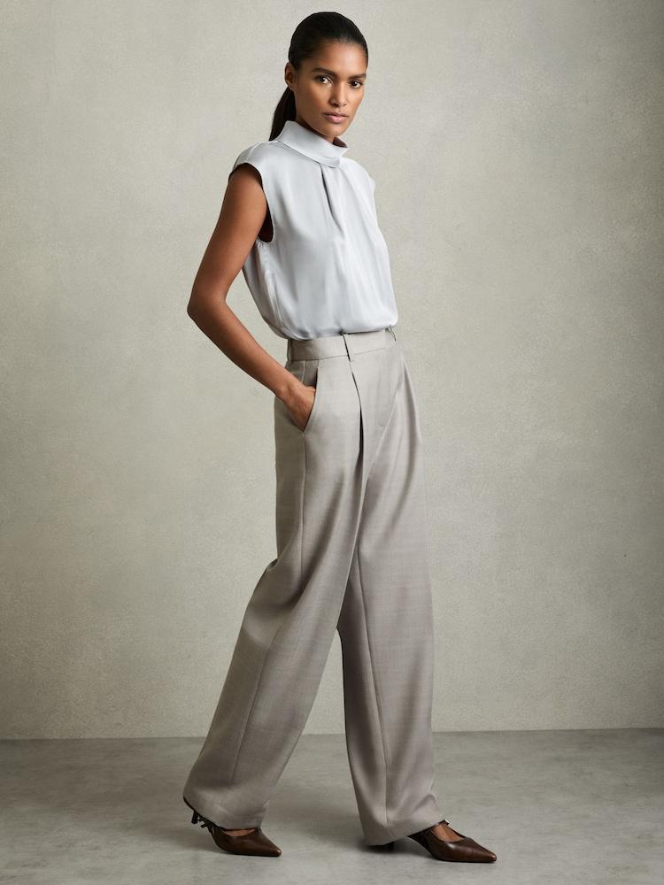 reiss Wool-Blend Wide-Leg Suit Trousers in Grey