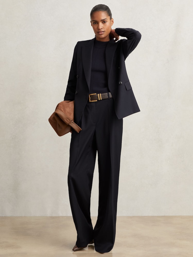 reiss Wool-Blend Wide-Leg Suit Trousers in Navy