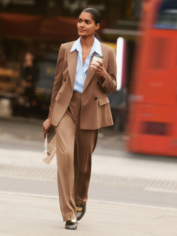 reiss Wool-Blend Wide-Leg Suit Trousers in Tan