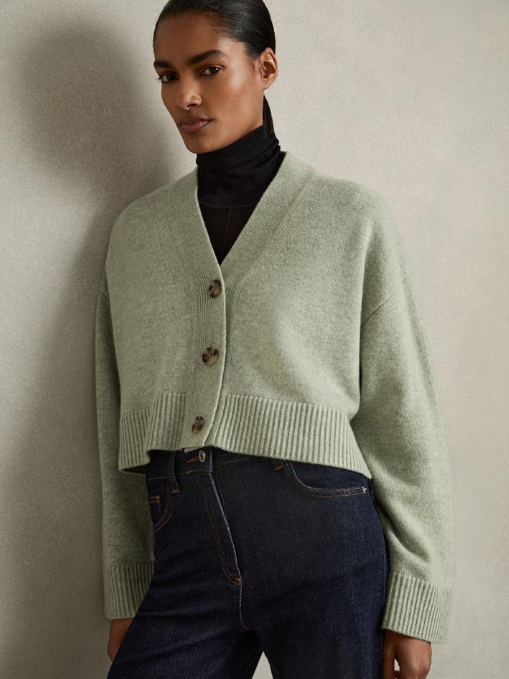 Reiss Wool-Cashmere Cropped Cardigan In Sage