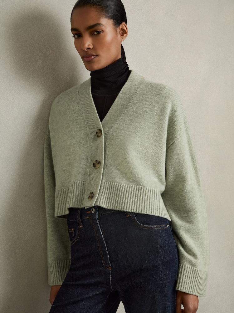 reiss Wool-Cashmere Cropped Cardigan in Sage