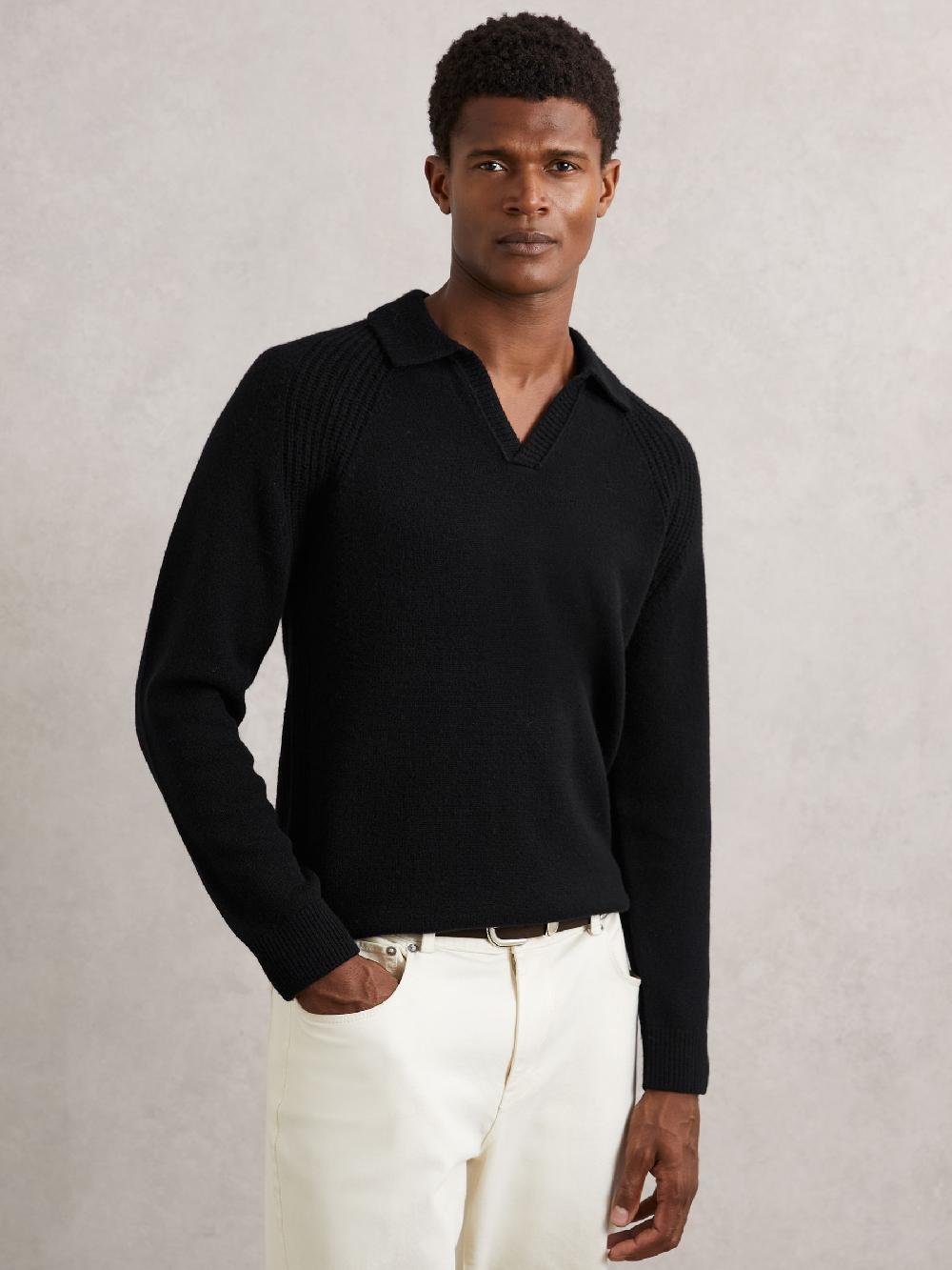 Reiss Wool-Cashmere Open-Collar Jumper In Black
