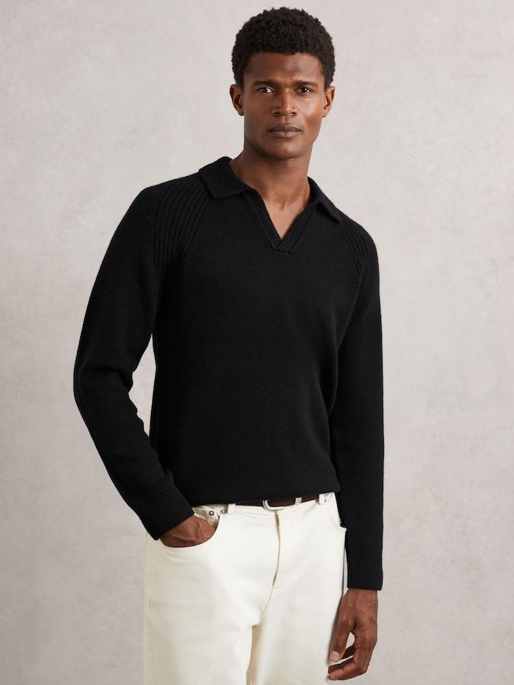 reiss Wool-Cashmere Open-Collar Jumper in Black