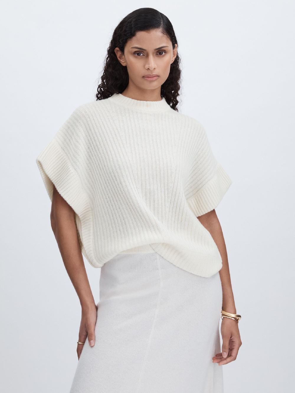 Reiss Wool Cashmere Ribbed Top In Cream