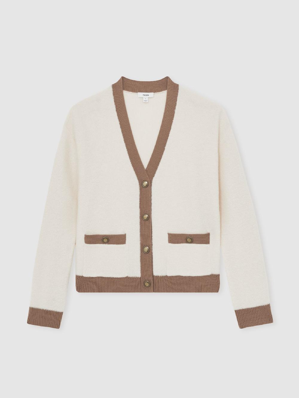 Reiss Wool Colourblock Cardigan In Cream/Neutral