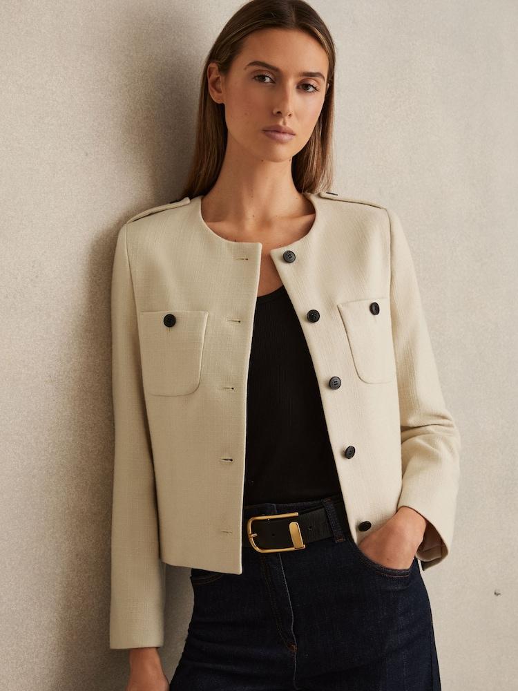 reiss Wool Cropped Jacket in Cream