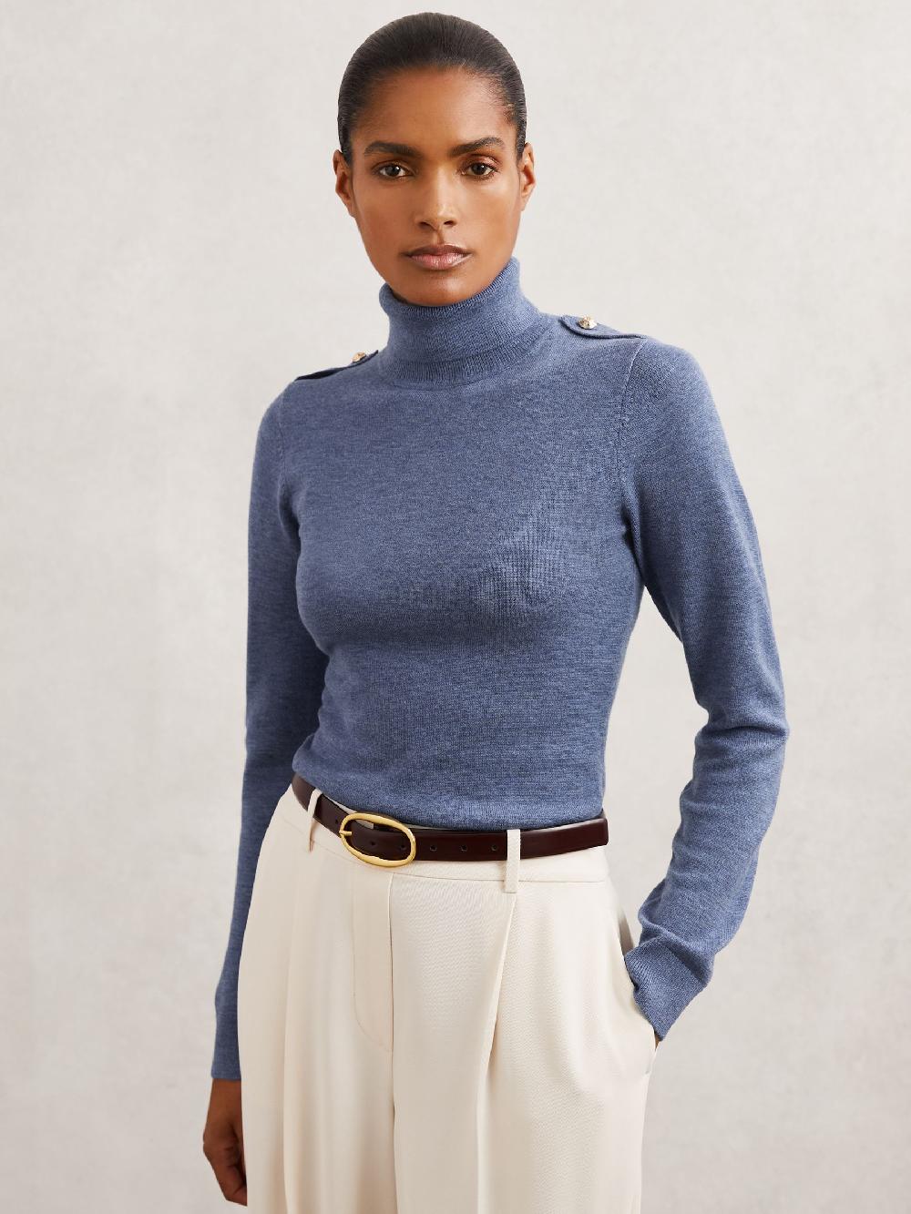 Reiss Wool Epaulette Roll-Neck Jumper In Blue