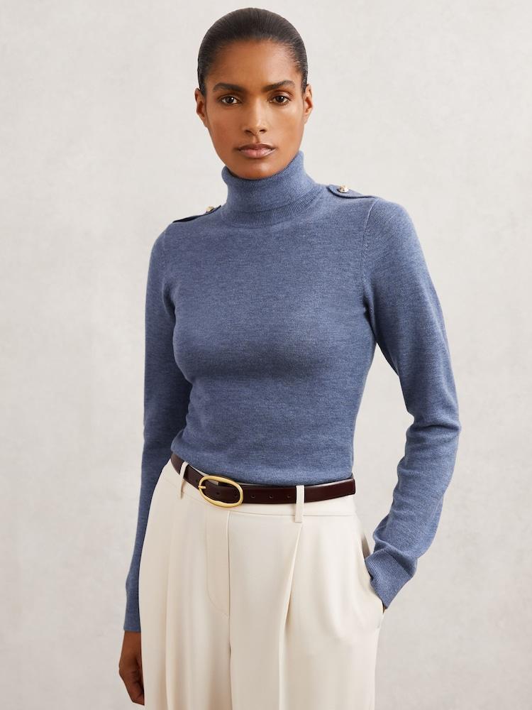 reiss Wool Epaulette Roll-Neck Jumper in Blue