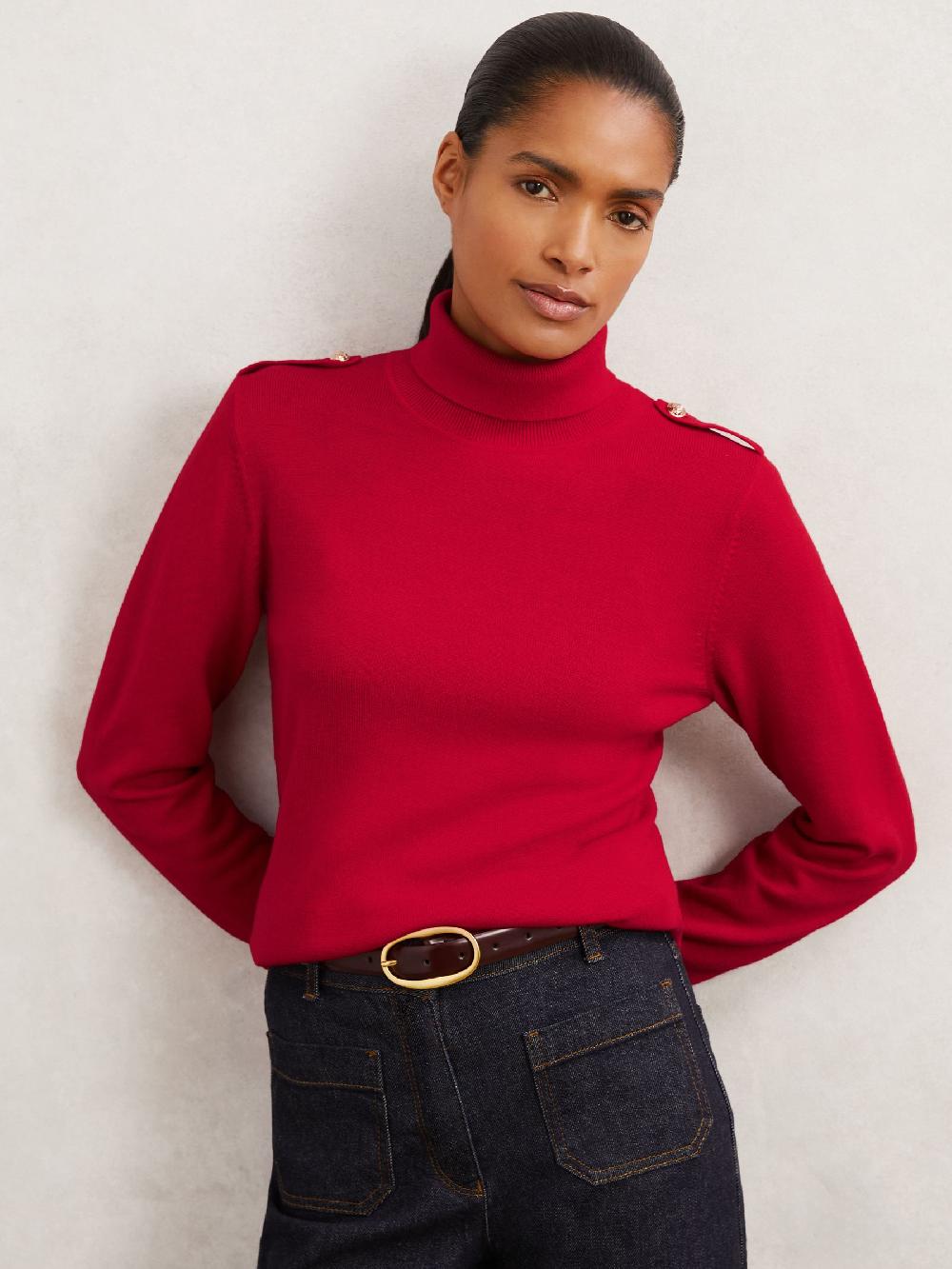 Reiss Wool Epaulette Roll-Neck Jumper In Red