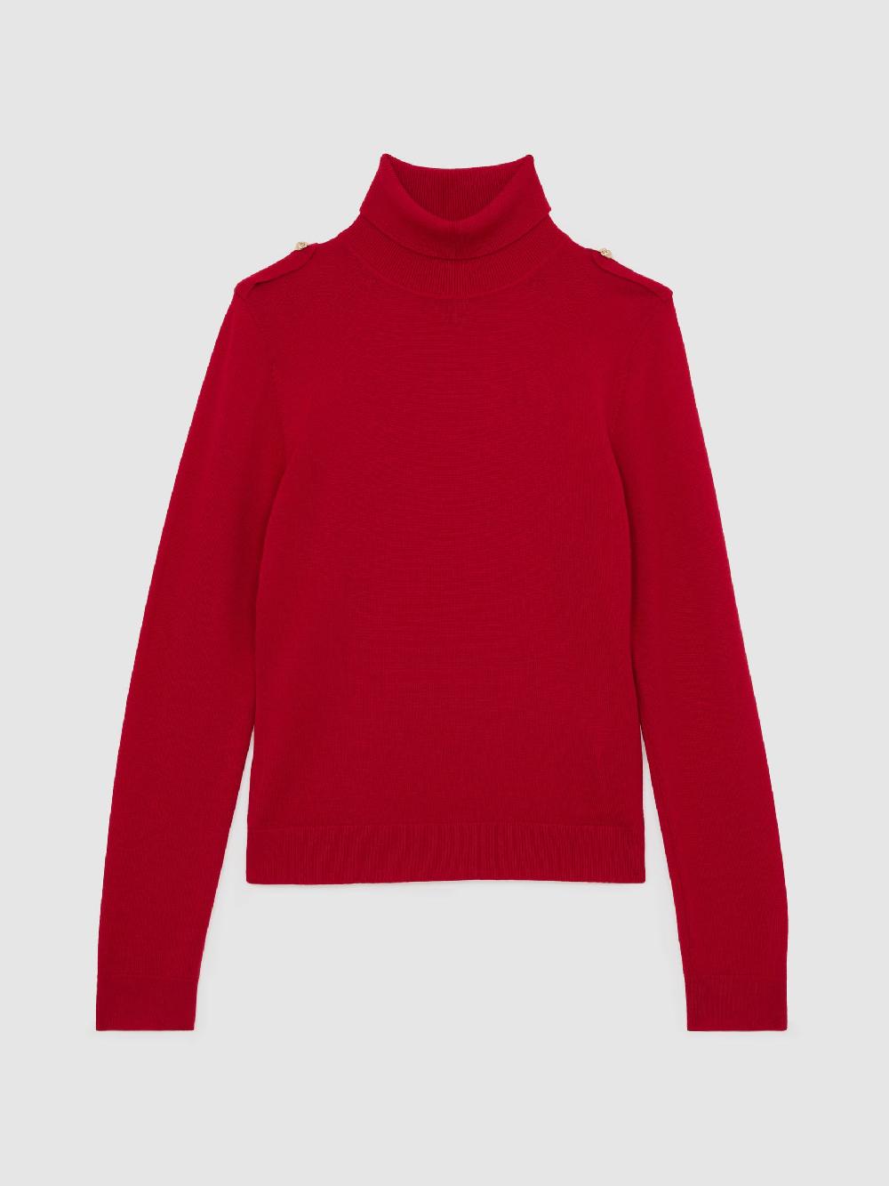 Reiss Wool Epaulette Roll-Neck Jumper In Red