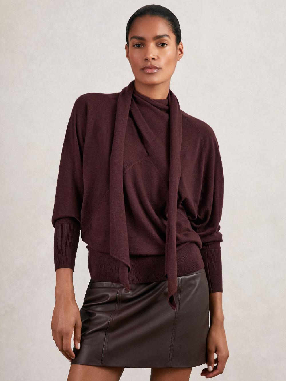 Reiss Wool Scarf-Tie Draped Jumper In Burgundy