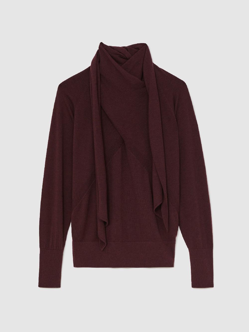 Reiss Wool Scarf-Tie Draped Jumper In Burgundy