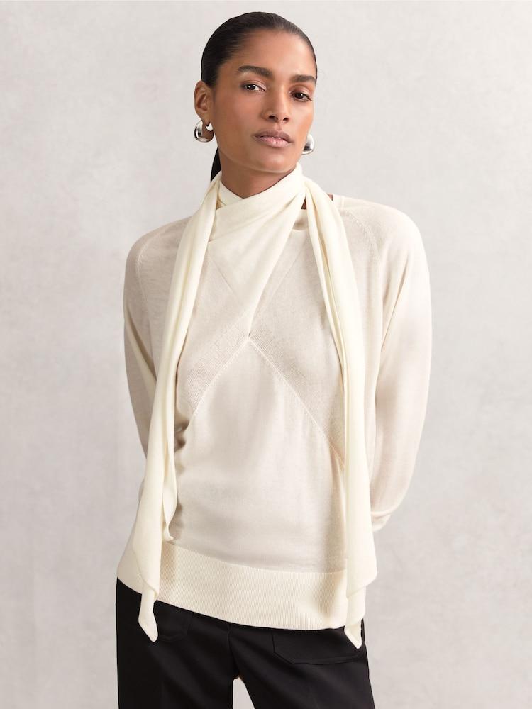 reiss Wool Scarf-Tie Draped Jumper in Cream