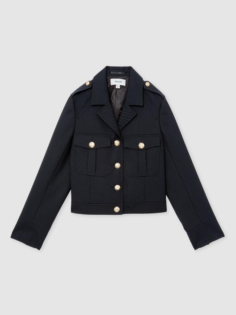 Reiss Wool Twin-Pocket Cropped Jacket In Black