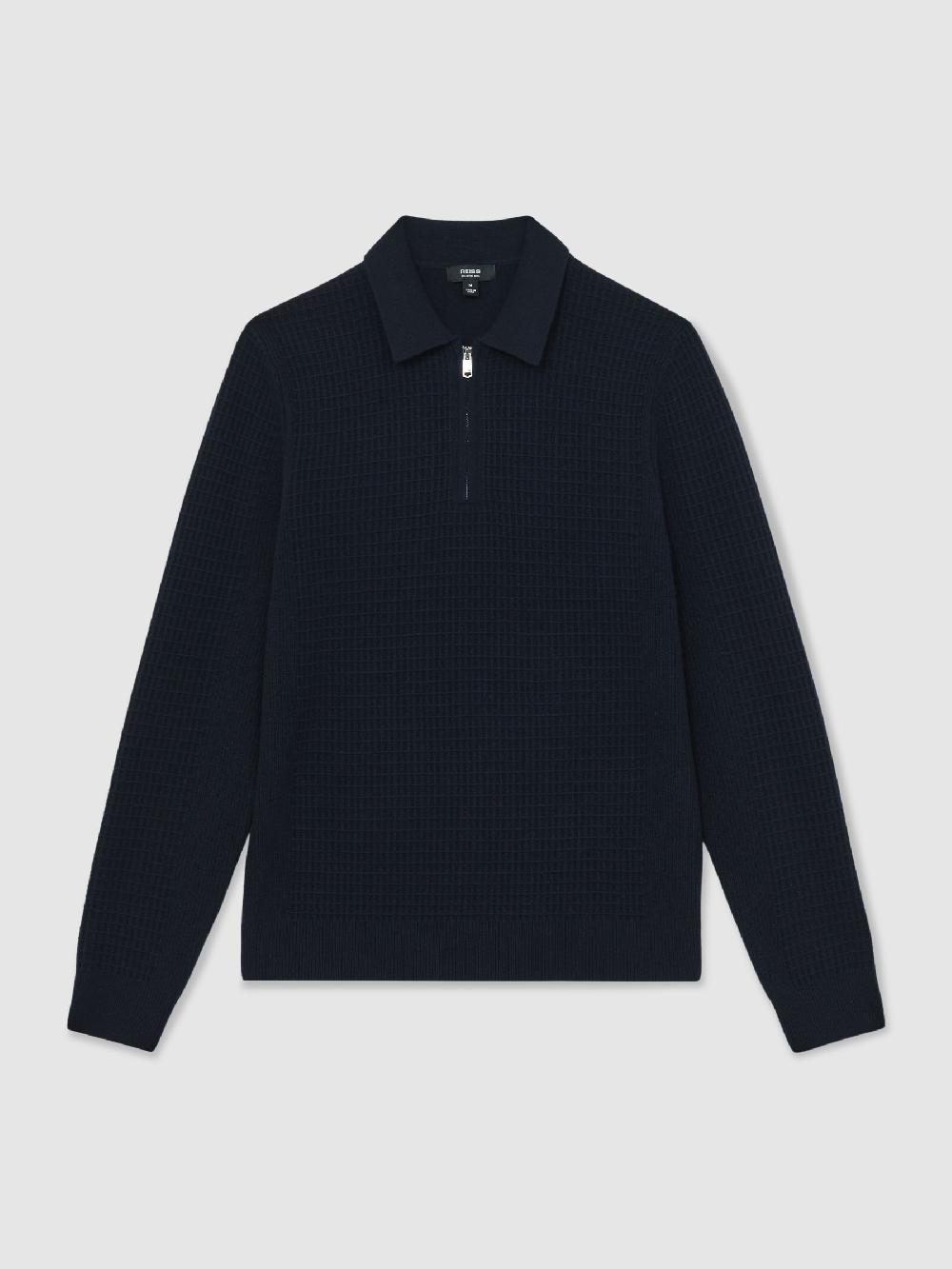 Reiss Wool Waffle-Knit Half-Zip Polo Shirt In Navy