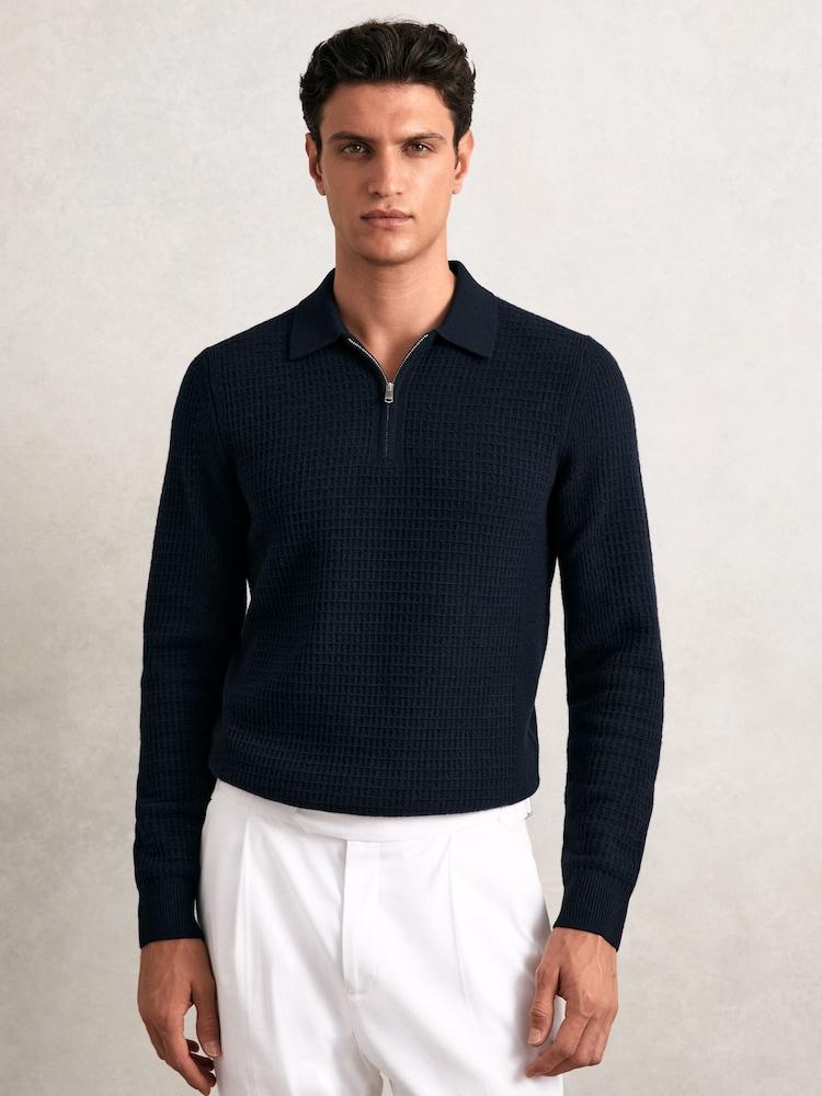 reiss Wool Waffle-Knit Half-Zip Polo Shirt in Navy