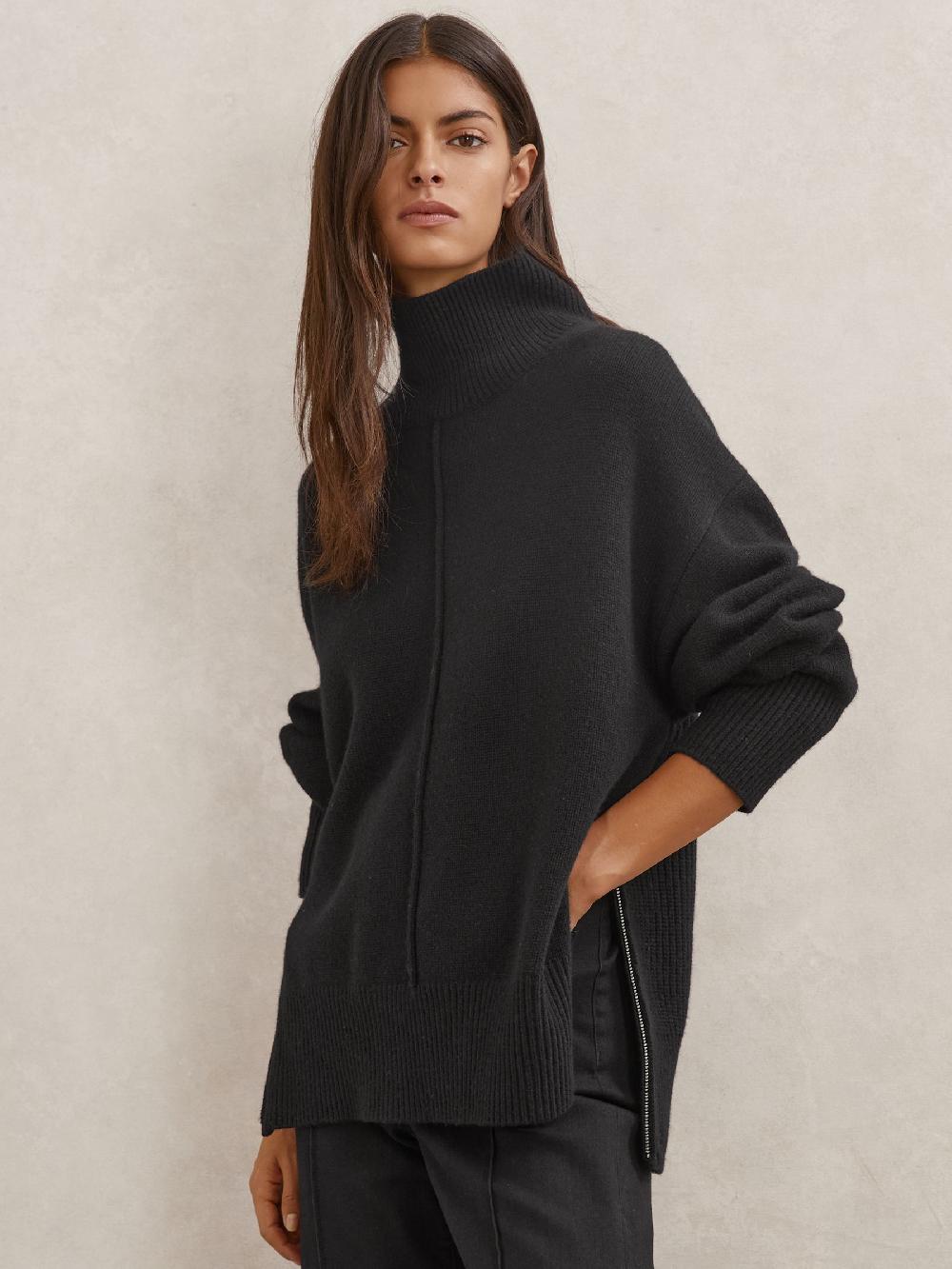 Reiss Wool Zip-Detail Funnel-Neck Jumper In Black