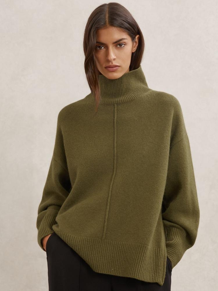 reiss Wool Zip-Detail Funnel-Neck Jumper in Green