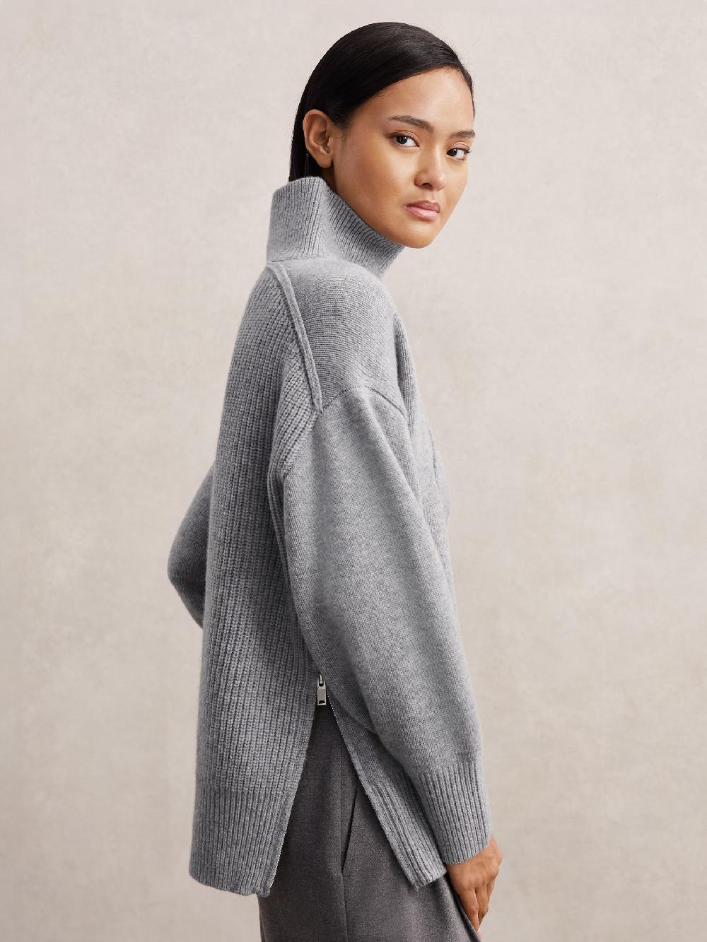 Reiss Wool Zip-Detail Funnel-Neck Jumper In Grey