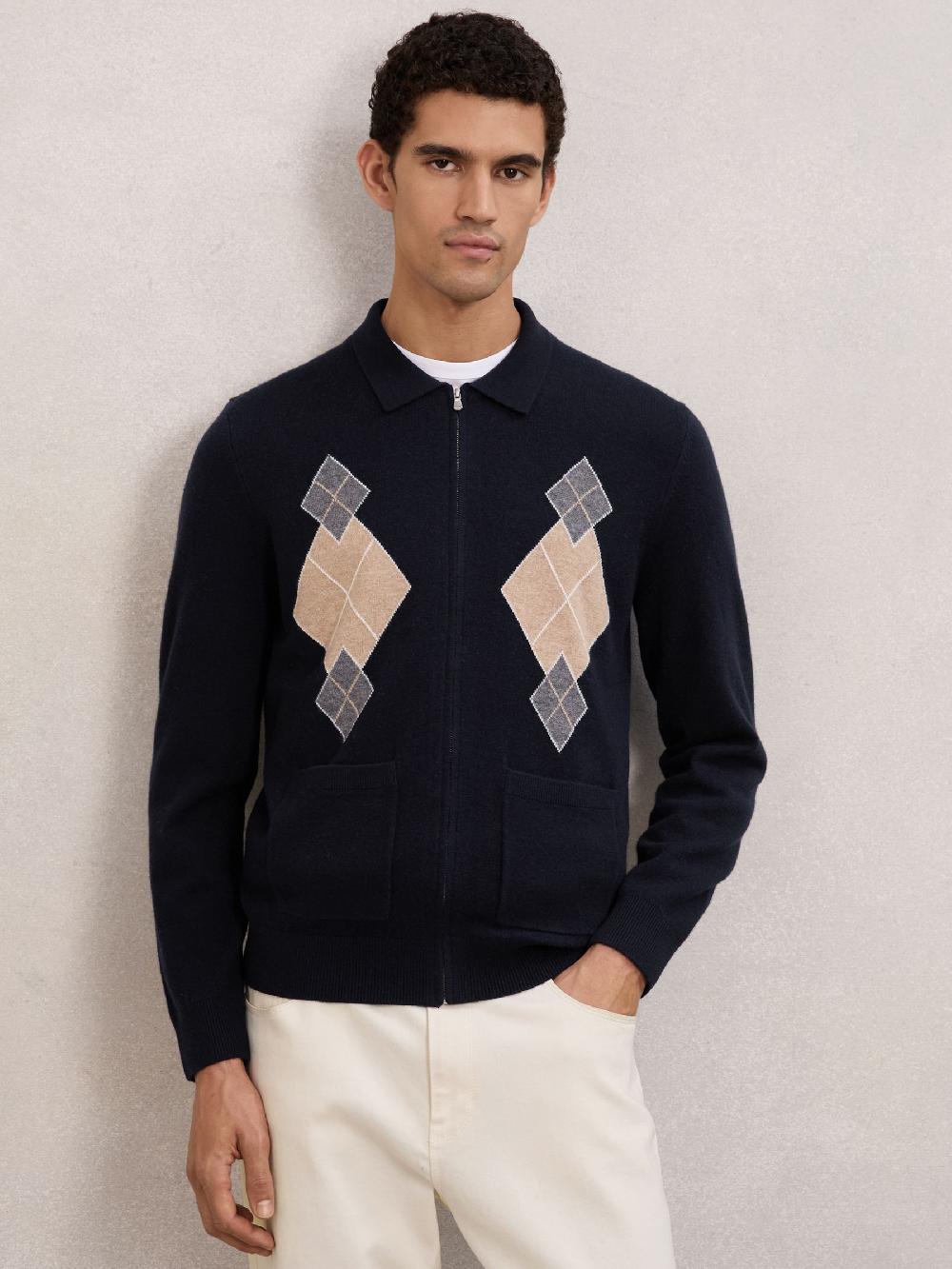 Reiss Wool Zip-Through Argyle Cardigan In Navy