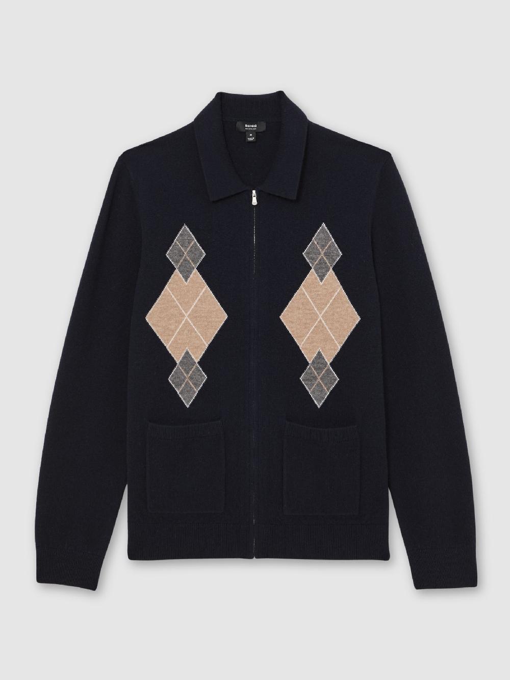 Reiss Wool Zip-Through Argyle Cardigan In Navy