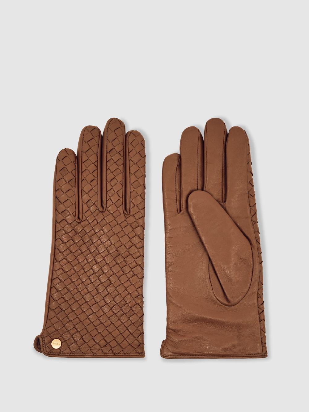 Reiss Woven Leather Gloves In Tan