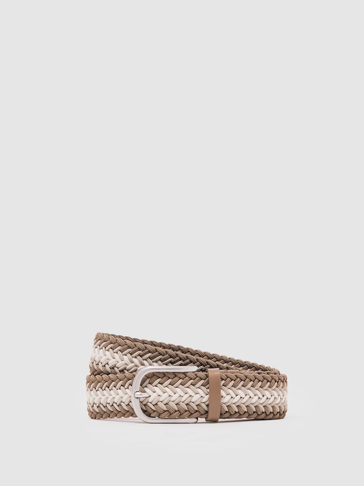 reiss Woven Stripe Belt in Taupe Brown/Off White