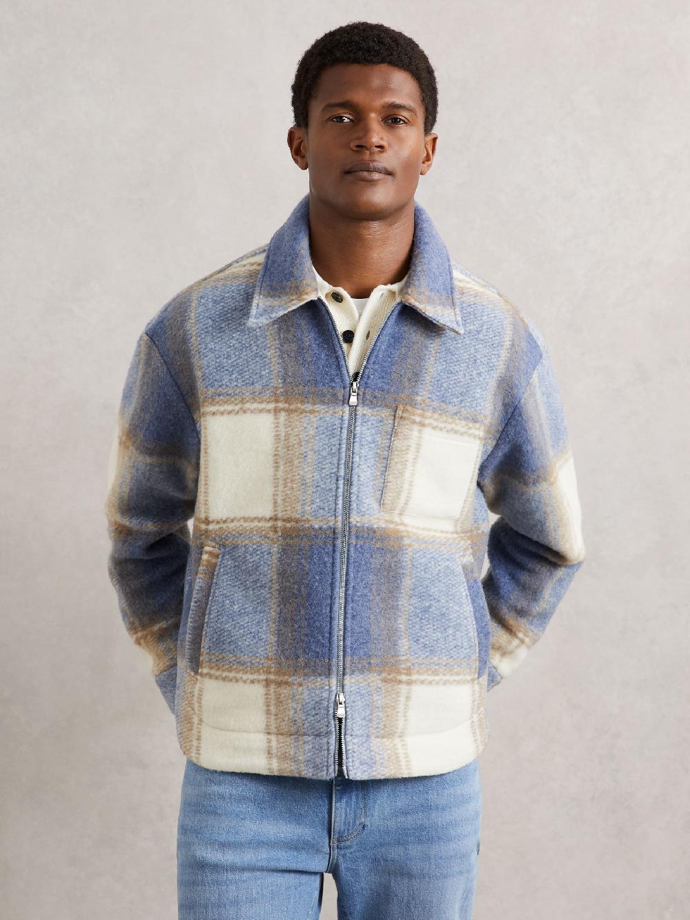 Reiss Zip-Through Check Overshirt In Stone/Blue