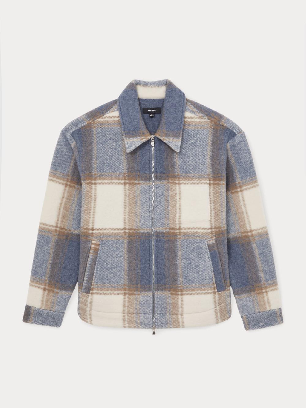 Reiss Zip-Through Check Overshirt In Stone/Blue