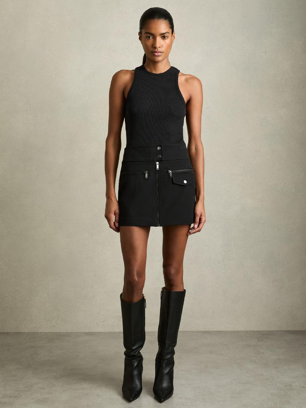 Reiss Zip-Through Ponte Mini Skirt In Black