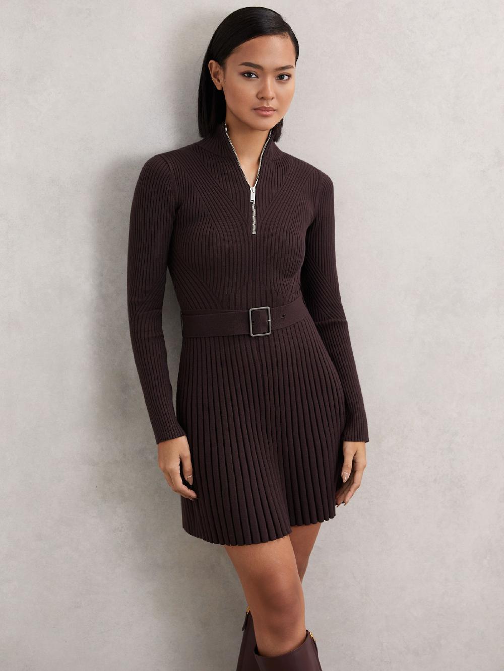 Reiss Rib-Knit Belted Half-Zip Flippy Dress In Plum Purple