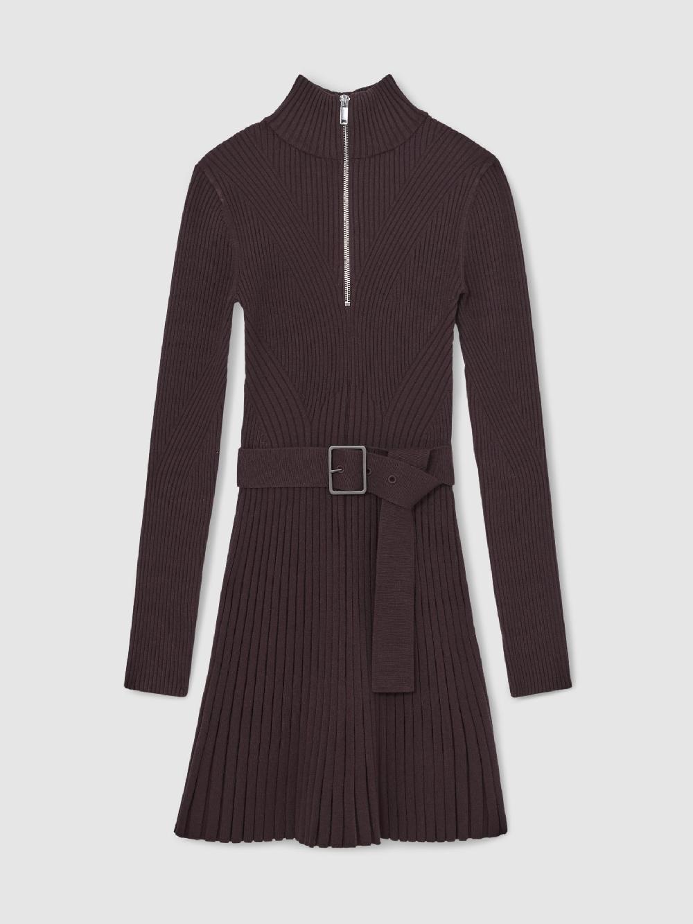 Reiss Rib-Knit Belted Half-Zip Flippy Dress In Plum Purple