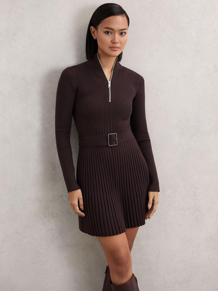 reiss Rib-Knit Belted Half-Zip Flippy Dress in Plum Purple