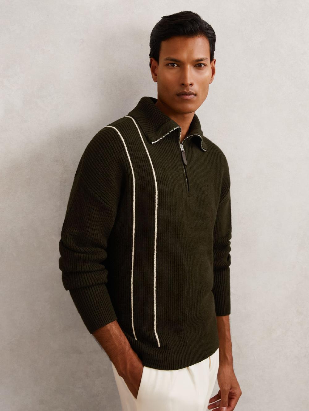 Reiss Rib-Knit Stitch-Detail Half-Zip Jumper With Wool In Dark Olive Green